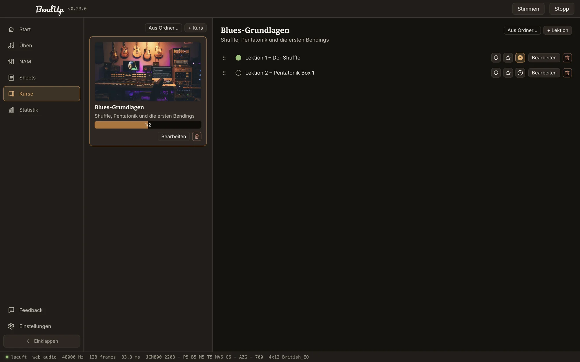 Kurse-Screen: Kurskarte mit Titelbild und Fortschrittsbalken, rechts die Lektionen (dunkler Farbmodus)
