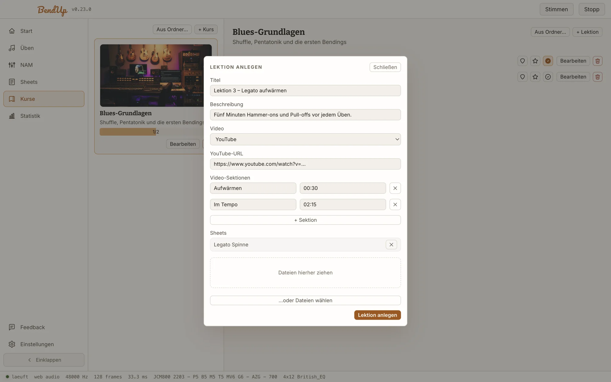 Dialog „Lektion anlegen“ mit Titel, YouTube-Link, Video-Sektionen und zugeordneten Sheets