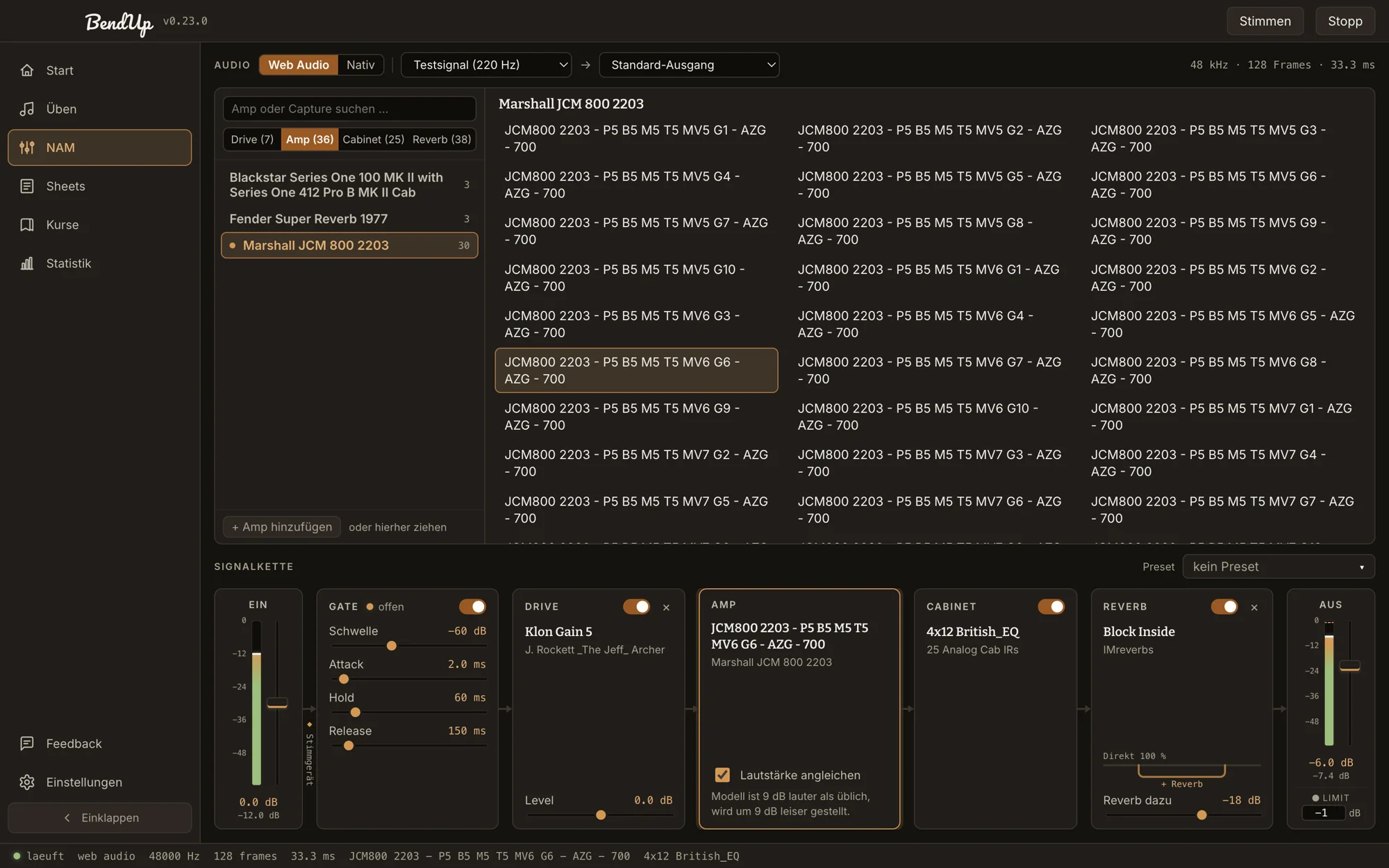 NAM-Screen: Bibliothek mit Amps nach Hersteller, darunter die Signalkette aus Gate, Drive, Amp, Cabinet und Reverb (dunkler Farbmodus)
